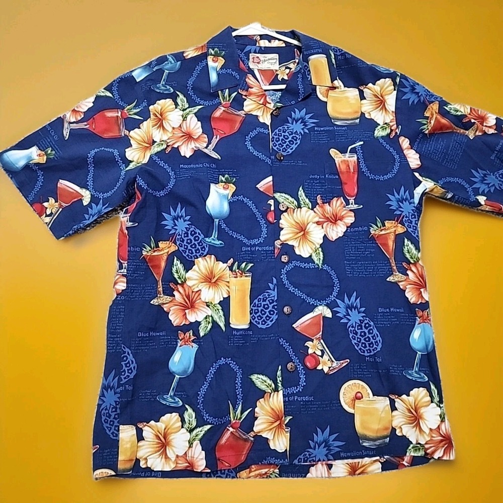 Hilo Hattie Hawaiian Shirt Mens Large Floral Cocktail Recipe Print Hawaii Made